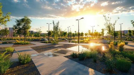Naklejka premium A clean and modern eco-park in a city, featuring solar-powered lights, rainwater harvesting systems, and a variety of native plants. 