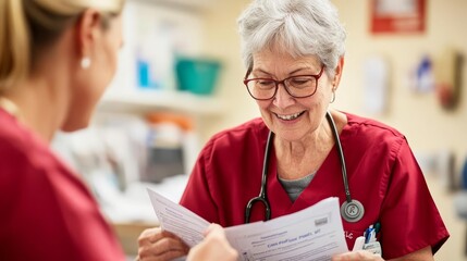 Elderly patient reviewing coverage details with nurse, welcoming clinic, compassionate care