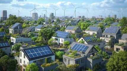 Obraz premium A cityscape filled with smart homes powered by renewable energy, where green spaces are integrated into every part of the urban environment. 