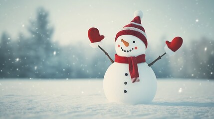 Fototapeta premium Adorable Snowman in Striped Hat and Mittens Embracing Winter Vibes : Generative AI