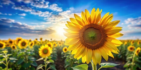 Obraz premium A field of cheerful sunflowers under a summer sky; ample space for your words.