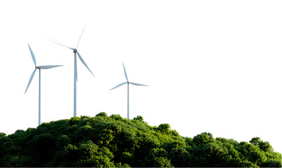Wind turbines on a green hill, representing renewable energy and sustainability isolate on transparent background, cutout, png