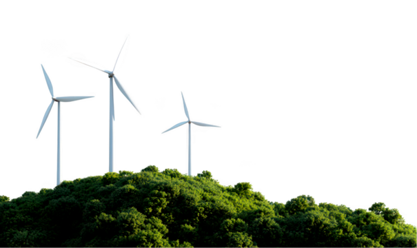 Wind turbines on a green hill, representing renewable energy and sustainability isolate on transparent background, cutout, png