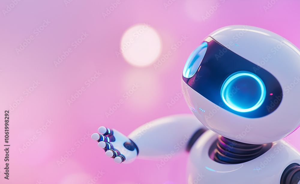Poster a friendly humanoid robot with glowing blue eyes pointing forward in a brightly lit setting, symboli