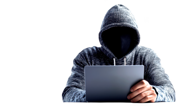Faceless hacker individual wearing a hoodie isolate on transparent background, cutout, png