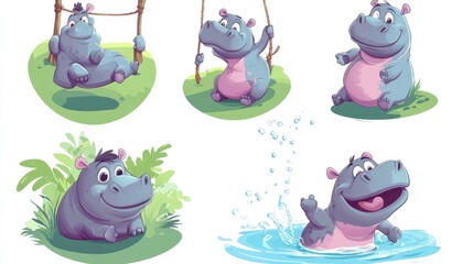 Obraz premium Playful Cartoon Hippos in Fun Illustrations