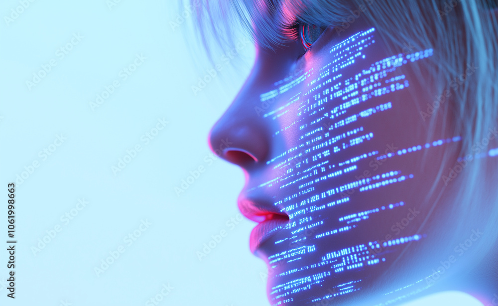 Poster profile of a woman with digital code patterns on her face, symbolizing human connection with technol