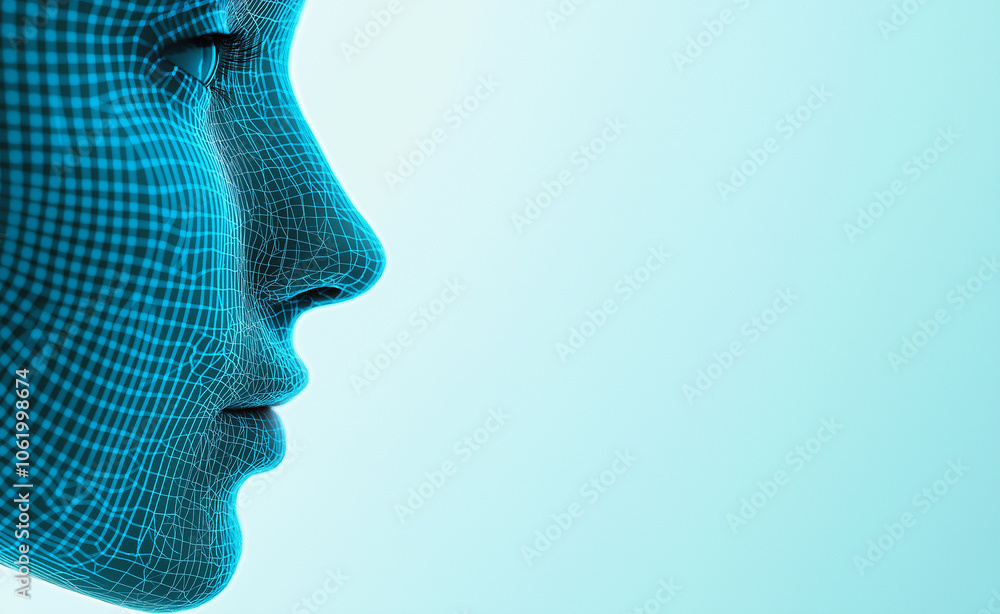 Poster profile of a woman with digital code patterns on her face, symbolizing human connection with technol