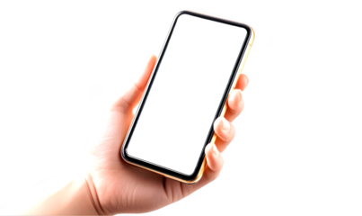 Hand holding a smartphone with a blank screen isolate on transparent background, cutout, png
