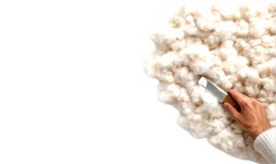 Hand cutting fluffy fleece, wool material isolate on transparent background, cutout, png