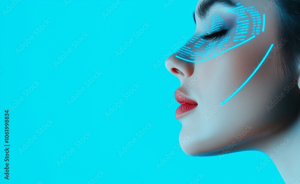 Poster profile of a woman with digital code patterns on her face, symbolizing human connection with technol