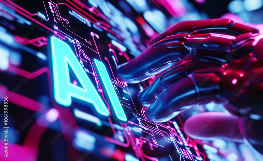 Poster robotic hand touching a glowing 