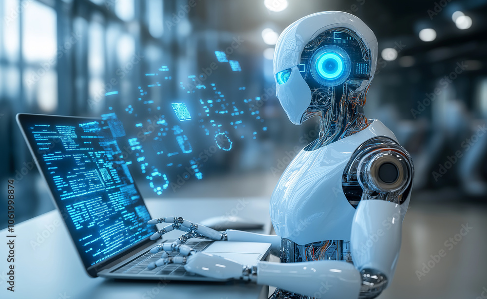 Poster humanoid robot working on a laptop, symbolizing advanced artificial intelligence and technology in a