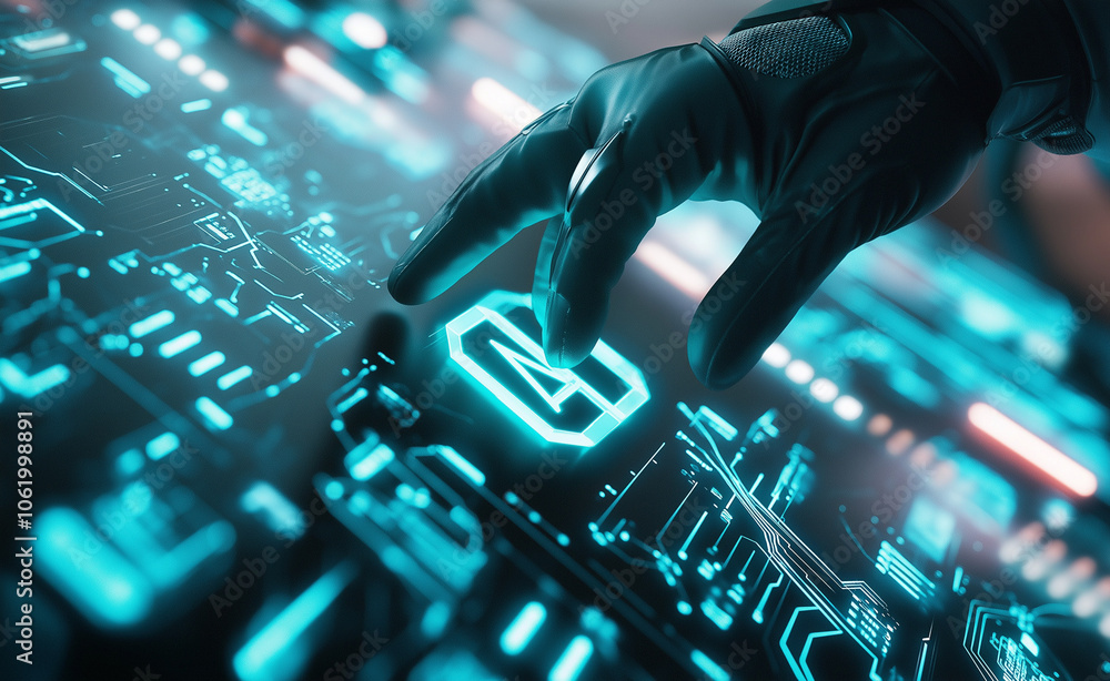 Poster robotic hand touching a glowing 