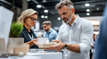 Business owner showcasing a new product to a small group of intrigued attendees at a trade fair