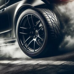 Closeup of sport car tire wheel drift on asphalt street road. Grunge black tyre texture, automobile vehicle transport drive, fast speed on race track, rubber, smoke, competition, extreme, tread