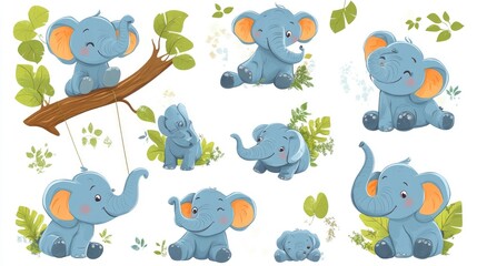 Cute Cartoon Elephants in Various Poses