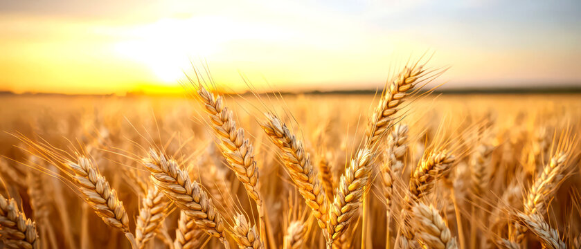 Close up view of golden wheat ears in a sunlit field during harvest season, showcasing nature's bounty.