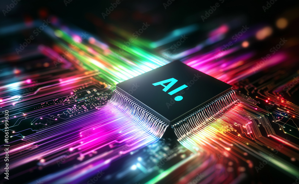 Poster close-up of a glowing ai chip on a circuit board with vibrant energy lines representing artificial i