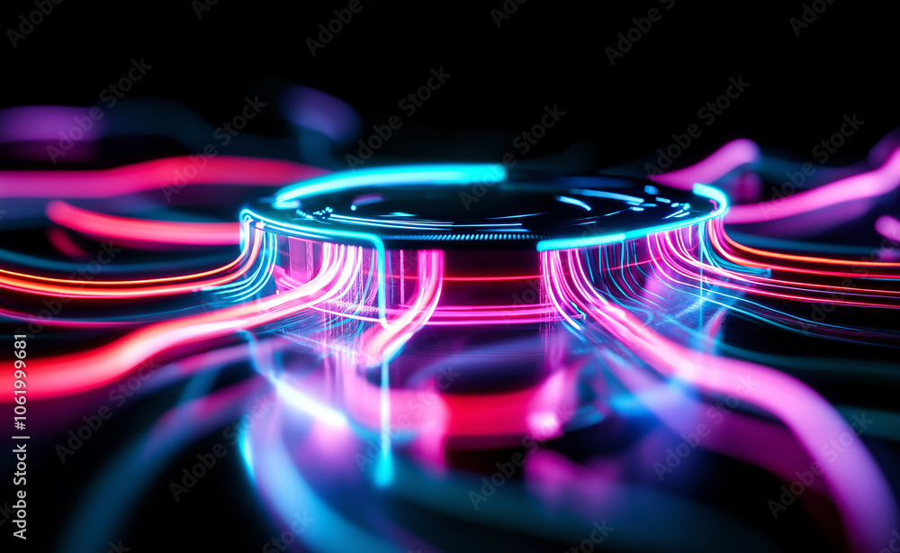 Poster close-up of a glowing ai chip on a circuit board with vibrant energy lines representing artificial i