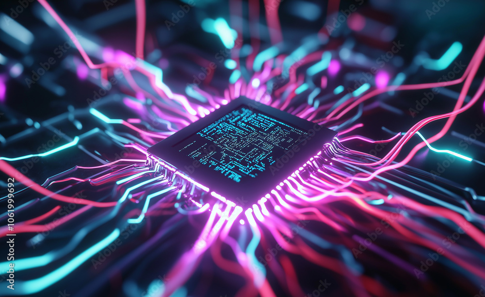 Poster close-up of a glowing ai chip on a circuit board with vibrant energy lines representing artificial i