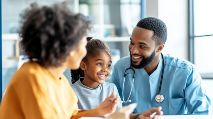 Fototapeta premium Family talking about insurance with healthcare worker, friendly clinic, trust-building concept