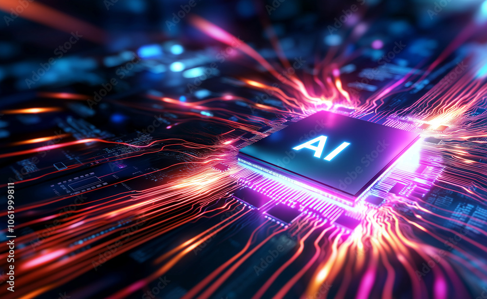 Poster close-up of a glowing ai chip on a circuit board with vibrant energy lines representing artificial i