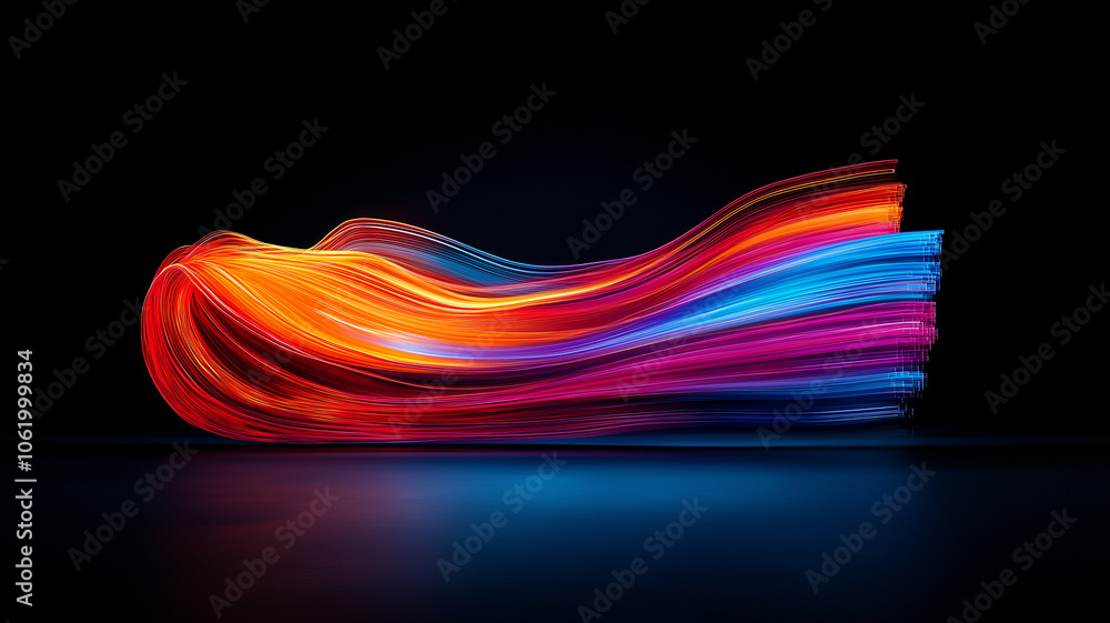 Poster vibrant neon light trails create dynamic motion against dark background, showcasing spectrum of colo