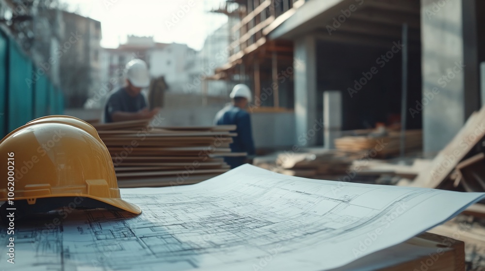 Poster yellow hardhat on blueprints at a construction site with workers in the background.