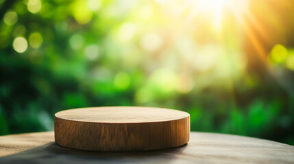 Wooden Display Stand with Sunny Garden Background