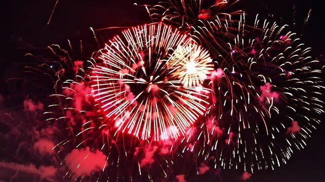 Red fireworks explode in a dazzling display, filling the night sky with intense color and light 4K video