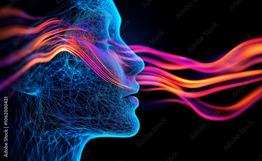 Poster a digital profile of a face with vibrant colored lines flowing around, symbolizing technology and ar