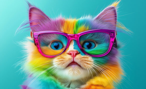 Colorful rainbow-furred kitten wearing black glasses, set against a bright blue background.