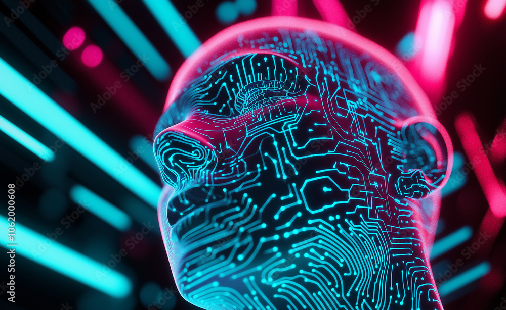Poster futuristic human face profile with digital circuit patterns, symbolizing artificial intelligence and