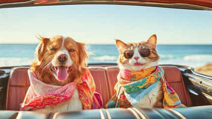 Fun-Loving Dog and Cat Enjoying a Coastal Car Ride