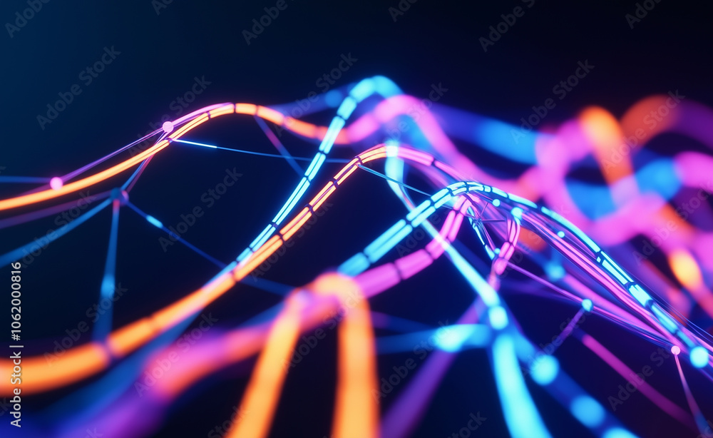 Poster abstract wave of colorful neon lines forming a network, symbolizing data flow, connectivity, and tec