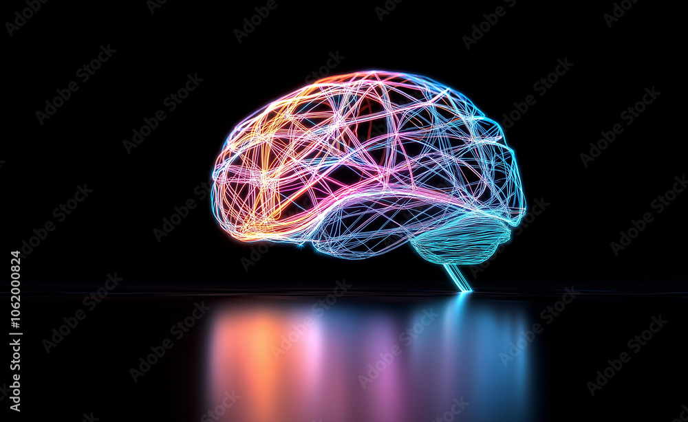 Poster neon-style digital brain illustration with colorful interconnected lines, symbolizing artificial int
