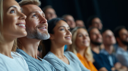 Obraz premium Close-up of an enthusiastic crowd watching a product demonstration at a trade show exhibition