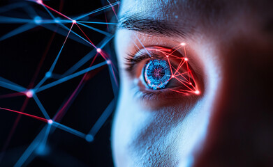Female face with neon mesh lines highlighting facial recognition technology, blending human features with digital structure.