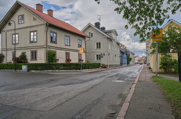 Impressions from the wooden town of Hjo at Lake Vaettern in Skaraborg Sweden on a sunny summer day