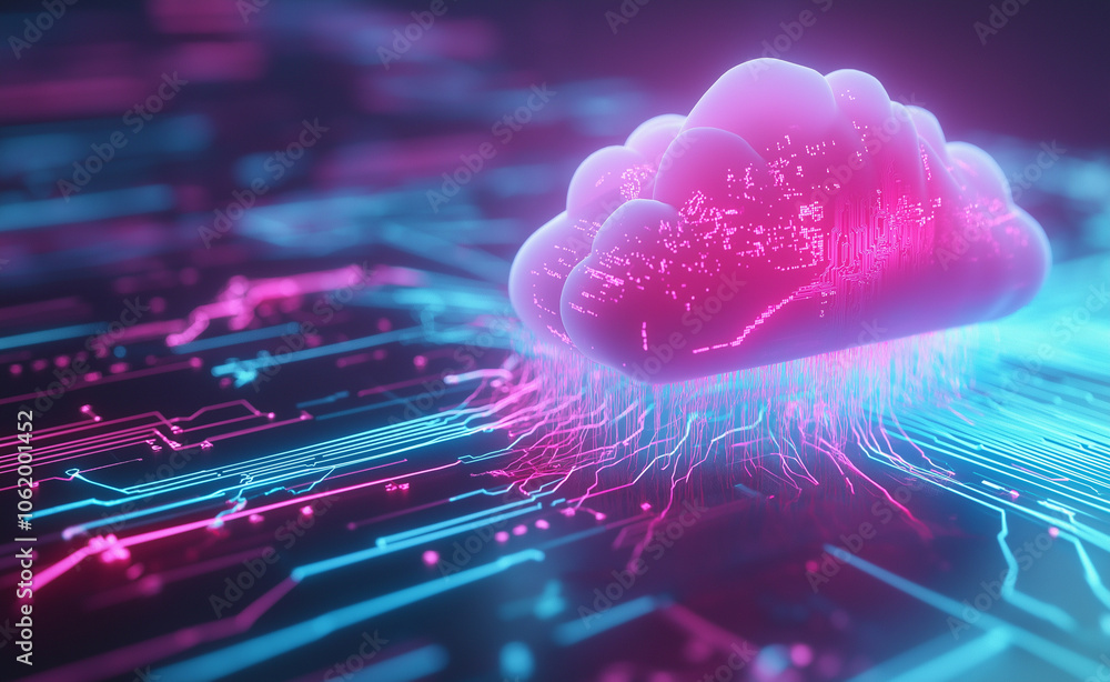 Poster neon cloud icon over a digital circuit background, representing cloud computing and digital data sto