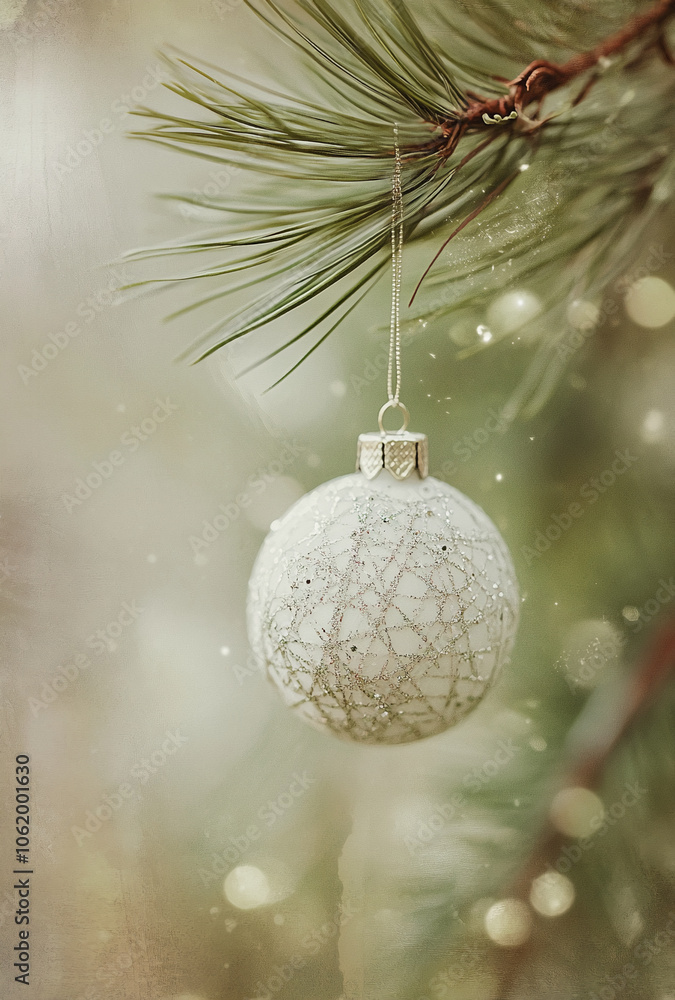 Poster a white, sparkly christmas ornament hangs from a pine branch, adding a touch of festive cheer to the