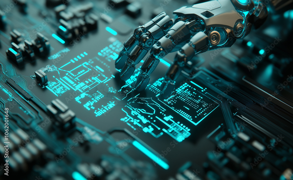 Poster robotic hand delicately touching a glowing microchip on a circuit board, symbolizing the intersectio