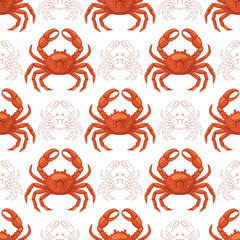 A seamless pattern of bright red crabs on a white background