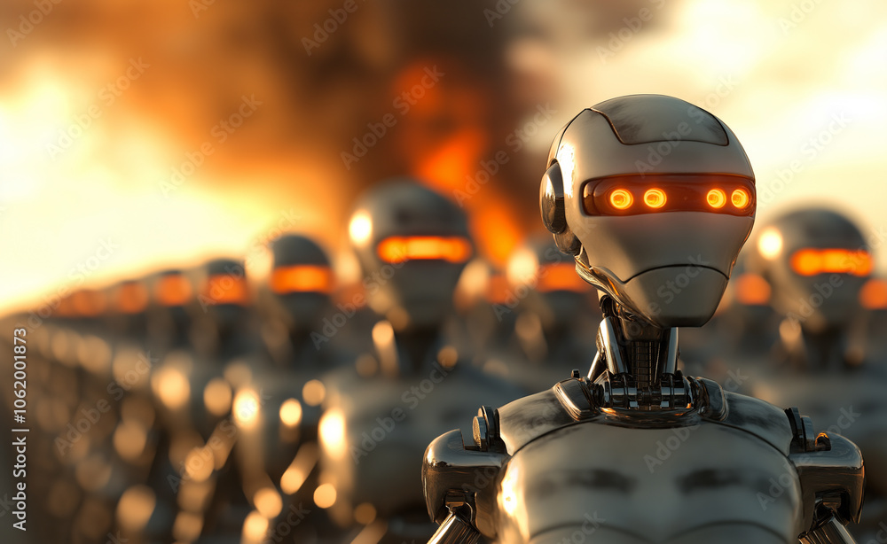 Poster row of humanoid robots with glowing red eyes in a dramatic setting, symbolizing artificial intellige