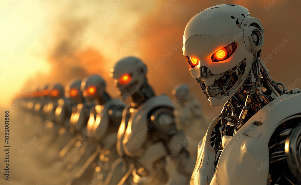 Poster row of humanoid robots with glowing red eyes in a dramatic setting, symbolizing artificial intellige