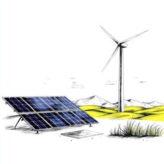 Renewable Energy Sources: Hand-Drawn Sketch of Solar Panels and Wind Turbines in Vector Illustration Design