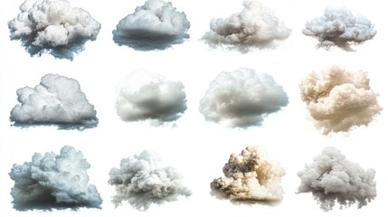 A collection of various cloud formations against a white background.