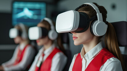 Flight attendants using virtual reality headsets for training practicing emergency procedures modern technology aviation training immersive experience teamwork safety protocols headset simulation