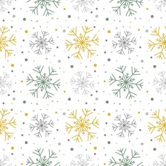 Repeating raster pattern with gold, green and grey snowflakes on white background